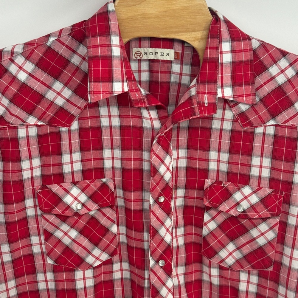 Roper Mens‎ 2XL Red Plaid Western Snap Button Shirt Embroidered Back Yoke Pearl